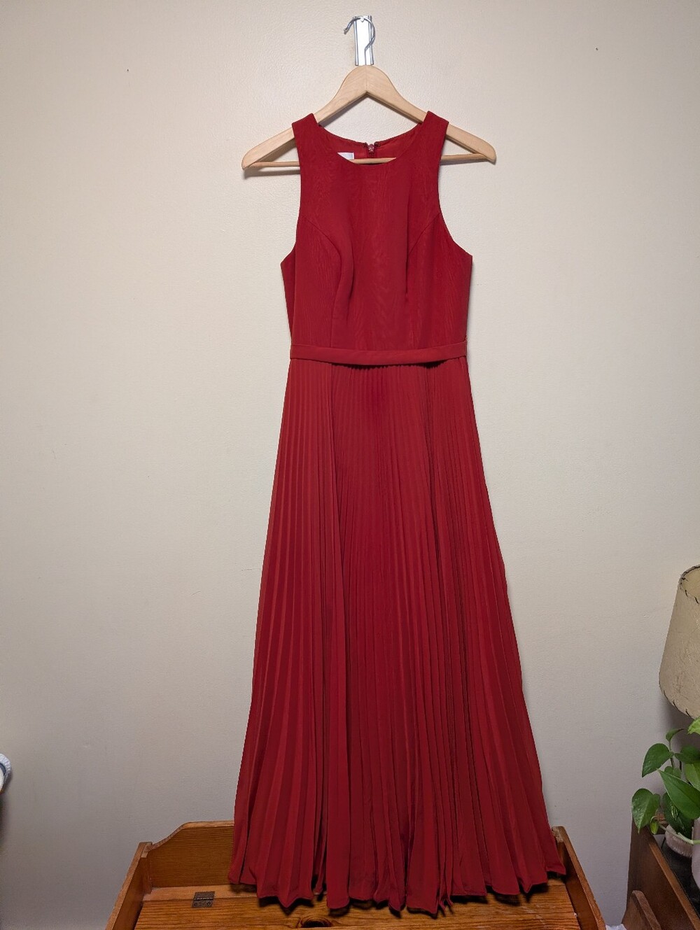 Azazie Custom Red Pleated Chiffon Maxi Dress Small Formal Wedding Guest